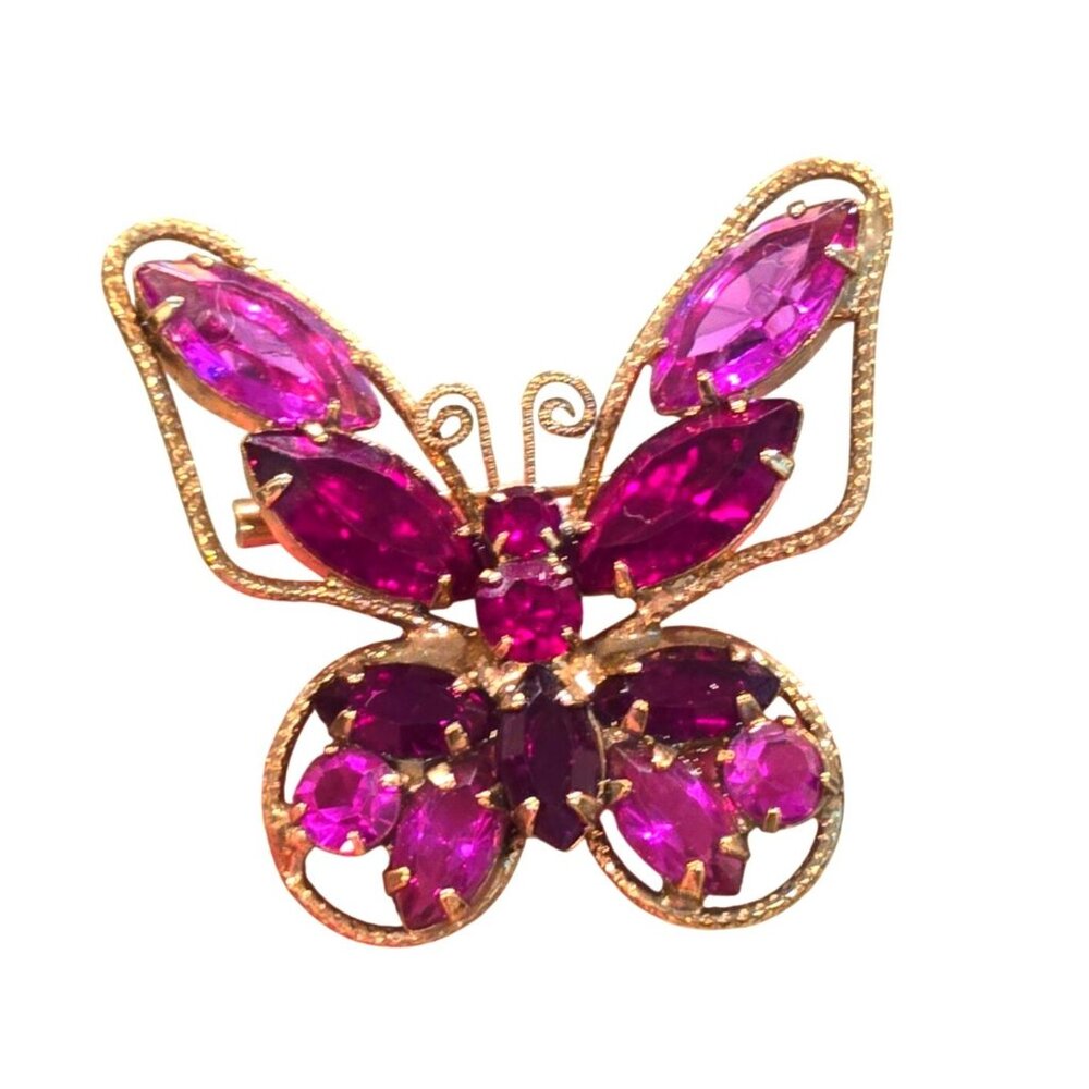 Vintage Fuchsia Rhinestone Butterfly Brooch Mid Century Pink Statement Juliana?